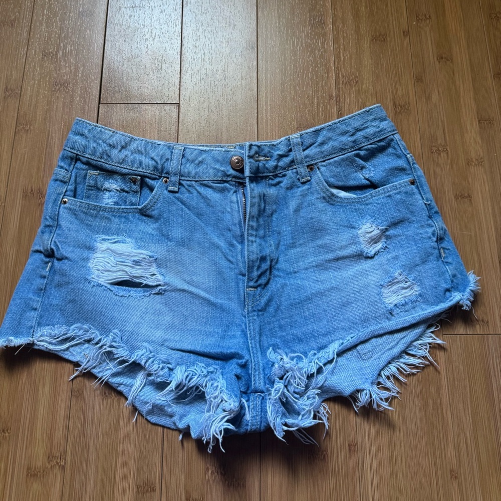 H&M Blue Jean Shorts Distressed Frayed Hem